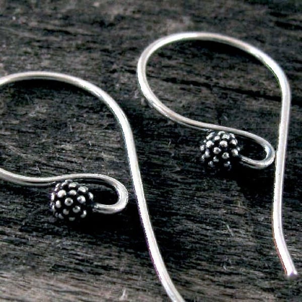 Best Seller! Sterling Silver Ear Wires Boho - Rustic Earring Findings - Carpet Granulated Ball Tip - Oxidized and Beautiful - Bali - E234