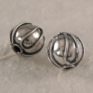 2 Round Sterling Silver Beads with Sculpted Wire Draped Beads - 8.75mm   - Bali Oxidized Patina Legacy Silver Supplies MB59