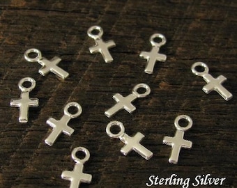 Sterling Silver Cross Charms - 10 Small Dangles Drops - Jewelry Tag 6mm tall with ring 9mm Necklace Tags - Legacy Silver Supplies - C68