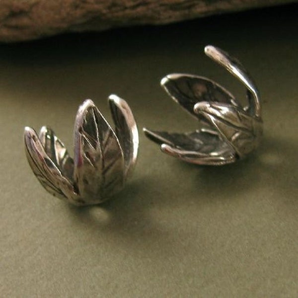 2 Sterling Silver Bead Caps - 10mm Round Summers Garden Rustic Leaf Beadcaps - Leaves Bead Cap - Legacy Silver Supplies AC205