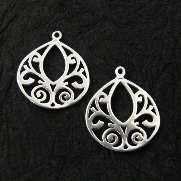 Sterling Silver Charms - 2 Round Filigree Silver Lace Worked Chandeliers  -  Scrolls with Circle Frame - Hanging Ring on Top - Legacy - P16