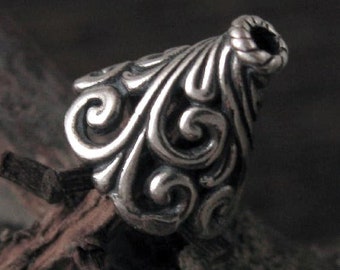 2 conos para abalorios de plata de ley (10 mm de alto), hermosos diseños de volutas oxidadas, tapas para abalorios, cono para abalorios, suministros de plata Legacy, Z1