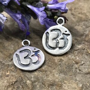 2 Sterling Silver Om Charms - 11mm Shiny Round with Darkened Ohm Yoga Pendant - Earring Dangles .925 Hallmark Legacy Silver C238