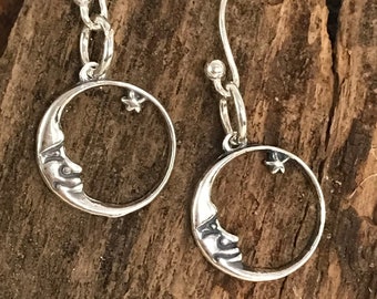 Sterling Silver Moon Charms or Pendants - 14.35mm Round - Man in the Moon and Wishing Star - Earring Dangles - C411/C411a