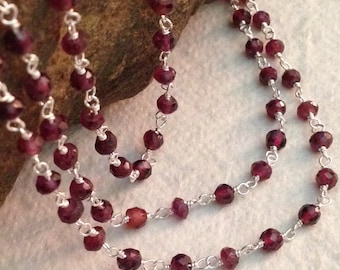 Garnet Beaded STERLING SILVER Chain - Sold By the Foot -   3mm - 4mm Ruby Red Rosary Gemstone Chain  - Legacy Silver Supplies CH36