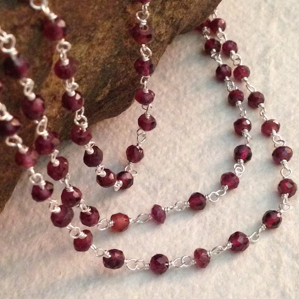 Garnet Beaded STERLING SILVER Chain - Sold By the Foot -   3mm - 4mm Ruby Red Rosary Gemstone Chain  - Legacy Silver Supplies CH36