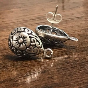 Flower Sterling Silver Post Ear Wires - Beautiful Studs w Ring for Dangles - Large Domed Filigree Teardrops with SS Back 1 Pair 20 Gauge Z55