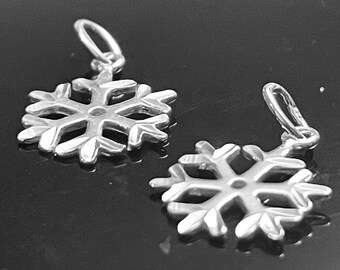 Könnte beinhalten: Zwei silberne Schneeflocken-Anhänger mit einem detaillierten Design. Die Anhänger haben eine Öse oben zum Anbringen an einer Halskette oder einem Armband.