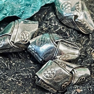 Fine Silver Designer Bicone Woven Beads - Karen Hill Tribe .999 PURE Fine Silver - Textured and Stamped -12mm x7mm 1mm ID - Legacy - MB96