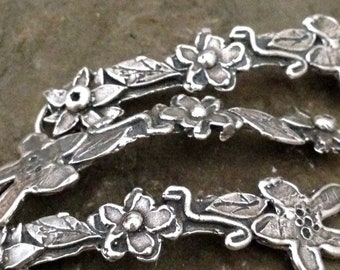 Artisan Flower Bracelet Link - Rustic Flowers in a Row -  Handcrafted Sterling Silver Connector- 54mm  1 SS Link AC177