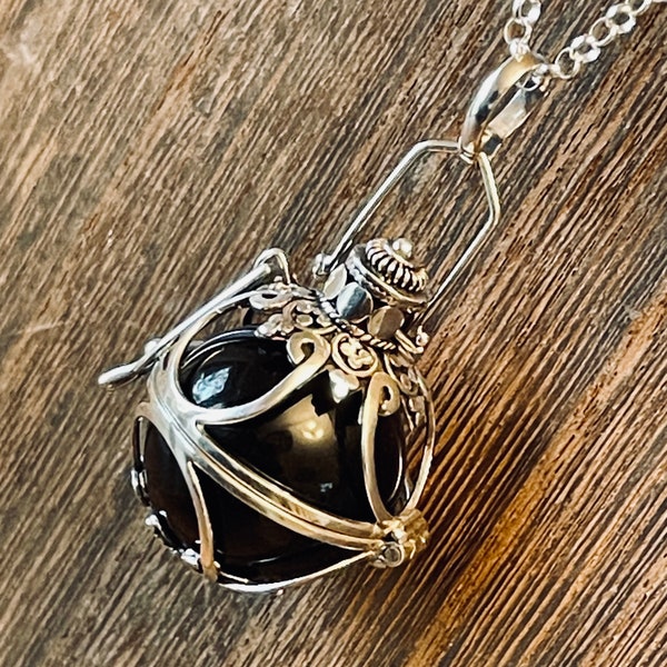 Harmony Dream Ball Sterling Silver Pendant with Black Onyx - 52mm with Bail  - Handmade Bola Charm Necklace Angel Caller - Locket P47/P47N