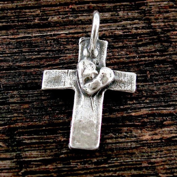 Artisan Sterling Silver Cross Charm with Puffed Heart Center 21.5mm - Works w 2mm Leather Rustic Charms - Legacy Silver Supplies AC44/AC44a