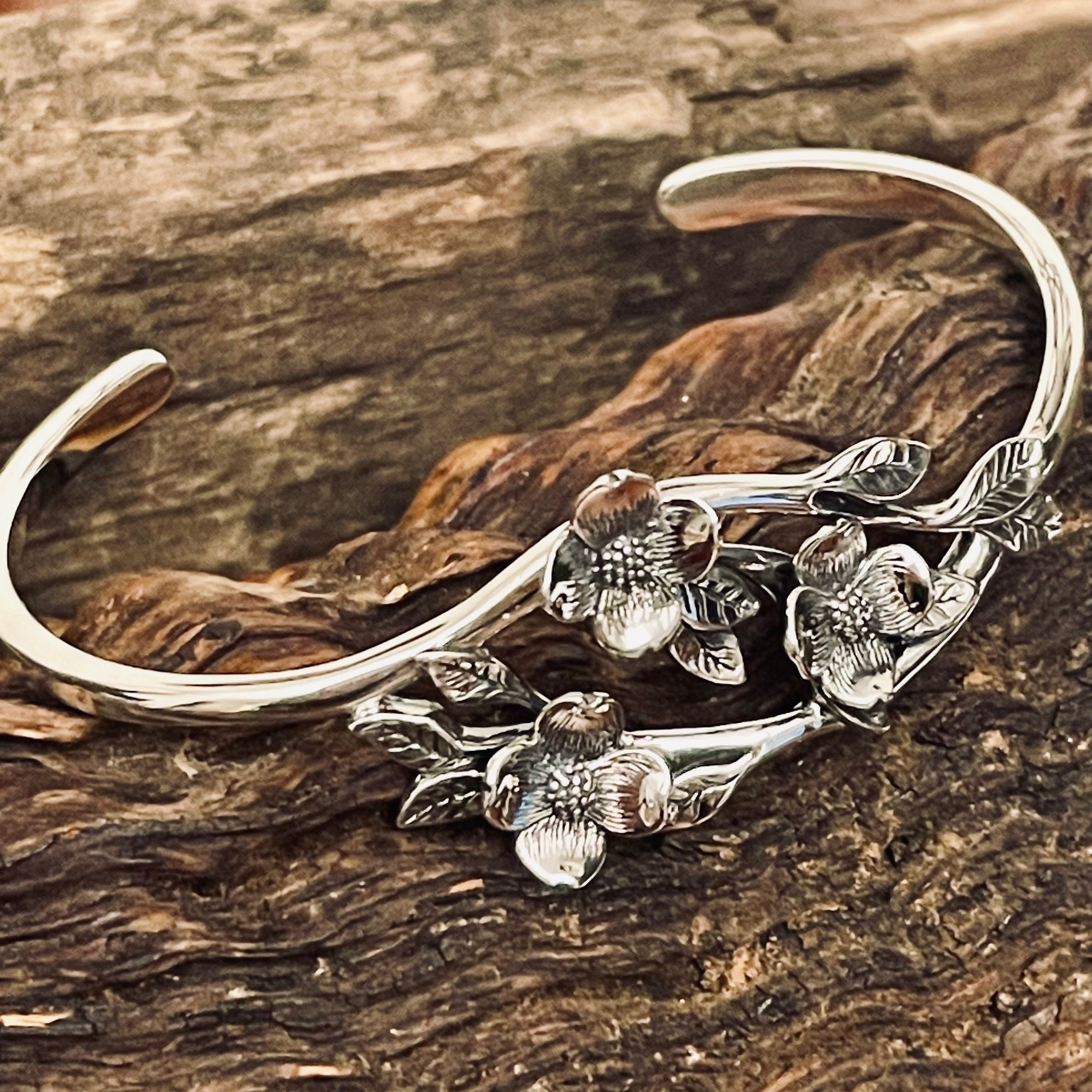 Sterling Silver Dogwood Bracelet - Flower Blossom and Leaf Design