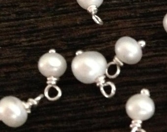 Ready to Hang Pearl and Silver Dangles - 4 or 10 Freshwater Pearl Drops or Charms -  4mm Wrapped in Sterling Silver - Legacy C126/a