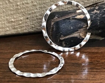 2 - 1 inch Sterling Silver Textured Rings - 25mm Round Circle Hoops Pendants Connectors or Links Hammered Rings - Silver Supplies L102