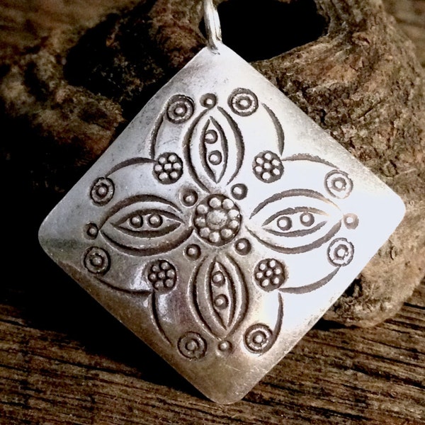 1 Karen Hill Tribe Pendant - Domed Diamond Shape in Fine Silver - Intricate Stamped Design - Large Charms or Earring Dangle C229