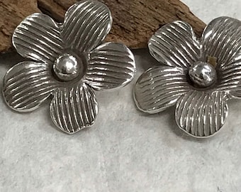 Wild Flower Buttons - 2 Fine Silver Flower Buttons - 15mm Charms - Dangles - Bracelet Clasp - Rustic Boho. - Legacy Silver Supplies C57