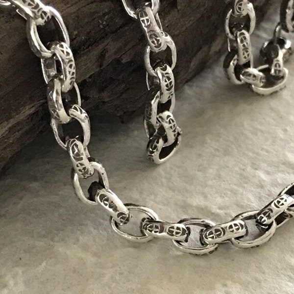 HEAVY DUTY Fine Silver Chain - Mens or Womens Handcrafted Cross Imprinted - Sold by 6 Links = 1 inch Karen Hill Tribe Large - Thick CH75