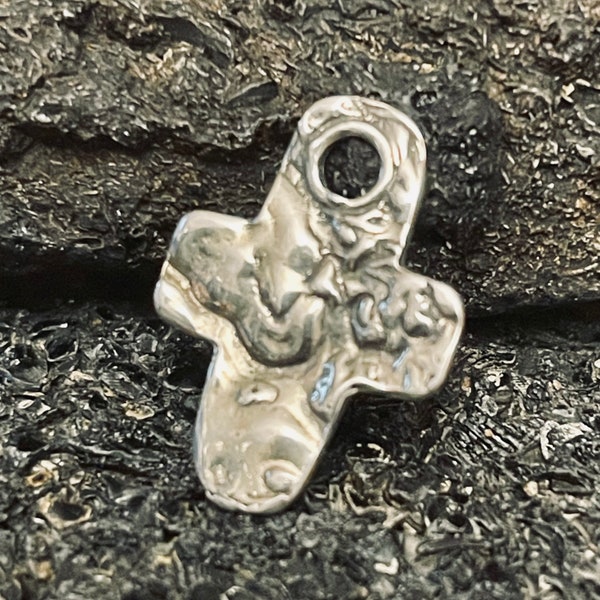 1 Organic Rustic Sterling Silver Artisan Cross Charm  - Dangles 23mm Tall almost 1 Inch 3mm Inner Diameter - Legacy Silver Supplies S15