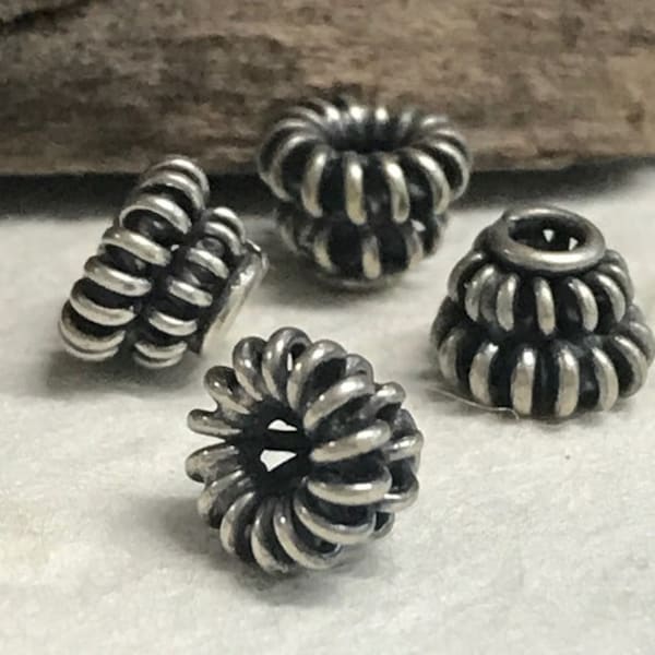 Bee Hive Bead Caps - 4 Blackened Oxidized Sterling Silver Bead Caps - Double Row of Wire Bead Caps - 6.5mm Round Legacy Silver Supplies Z31