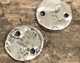 2 Rustic Sterling Silver Buttons - Organic Hammed 2 Hole Discs - Boho Handcrafted Round Pendants Links Connectors - 10mm - Supplies AC222