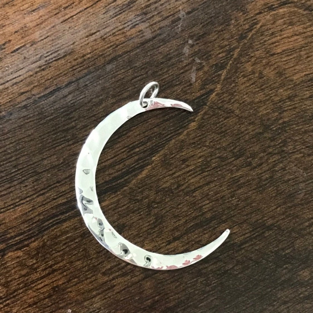 Sterling Silver Moon Pendant - Super SHINY Hammered Large Crescent
