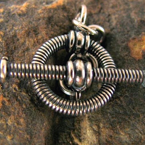 Rustic Sterling Silver Toggle Clasp - Wire Wrapped - Oxidized - Bracelet or Necklace Toggle Approx. 11.8mm Round - Legacy Silver T69