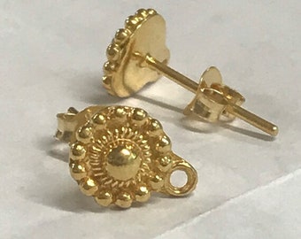 Uptown Girl - Vermeil Medallion Stud Ear Wires with ring on Bottom - Yellow Gold Ear Posts with Vermeil Clutches - 1 Pair Refined Chic Z52