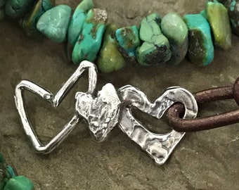 Rustic Heart Bracelet Component - Organic Sterling Silver - Boho Triple Hearts in a Row Link - Legacy Silver Supplies AC66