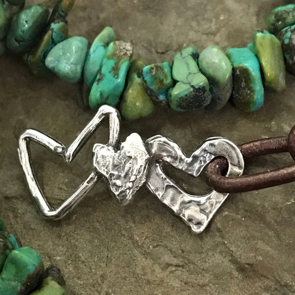 Rustic Heart Bracelet Component - Organic Sterling Silver - Boho Triple Hearts in a Row Link - Legacy Silver Supplies AC66