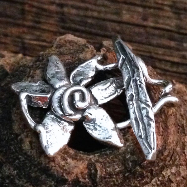 Sterling Silver Rustic Toggle Clasp Set - 21mm Jewelry Clasp - 1 Whimsy Flower and Leaf Large Jewelry Toggle - Legacy Silver Supplies AC193