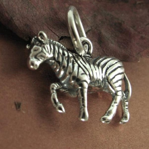 Sterling Silver Zebra Charm - 3D Details Solid Pendant - Realistic Zoo Safari Animal Pendant - Legacy Silver Supplies C424