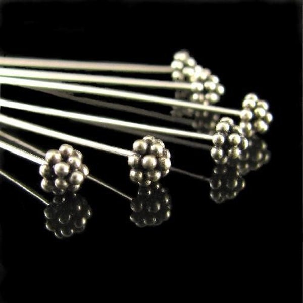 6 Granulated Ball End Sterling Silver Bali Head Pins - 23 gauge - 72mm Long FHP-S10