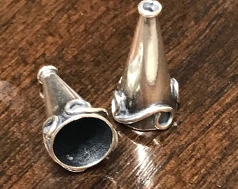 2 Tall Beading Cones in Sterling Silver - Oxidized Smooth with Delicate Scroll Design on Bottom - 16.7mm - Legacy Silver Supplies MB109