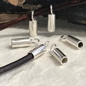 May include: Several silver-colored metal cord end caps with small loops. One cap is attached to a dark brown cord. The caps are cylindrical with a smooth, shiny finish. The caps are designed for jewelry making and crafting.