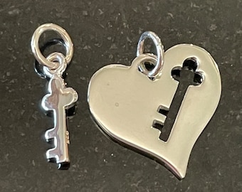 Key of My Heart Charm - Smooth Solid Sterling Silver .925 Heart with Matching Skeleton Key Pendant - 18mm - Legacy Silver Supplies - S41