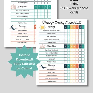 Puede incluir: Lista de verificación diaria imprimible para niños con un diseño colorido que presenta un sol, una luna y una escuela. La lista de verificación incluye tareas para la mañana, después de la escuela y la noche. El texto incluye "Henry's Daily Checklist" y "7 días, 5 días, 1 día".