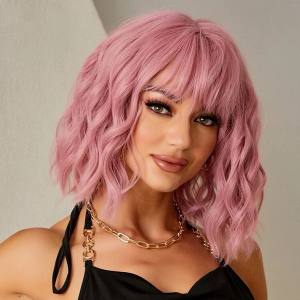 Pink Bob Wig For Women Curly Wavy With Bangs Short Heat Resistant Synthetic Wig For Party Costume Daily Wear Colorful