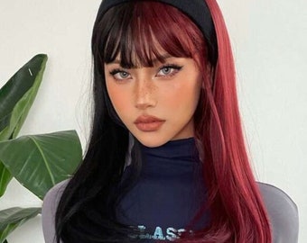 Long Half Red Half Black Wigs with Bangs Straight Halloween Cosplay Women Wigs Synthetic Hair Wigs