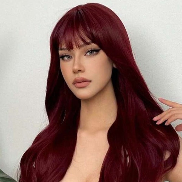 Burgundy Long Curly Wig With Bangs 24 inch Red Natural Wavy Synthetic Wigs For Women Fashion Daily Party Halloween Wigs