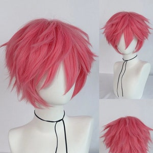 Mens Short Straight Synthetic Pink Wig With Bangs Anime Style for Cosplay for Party, Halloween, Cosplay