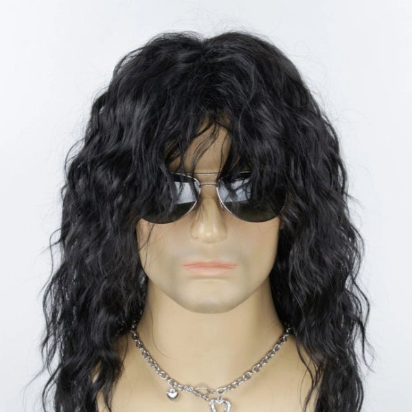Mens Long Wavy Curly Synthetic Wig With Bangs 18 inch