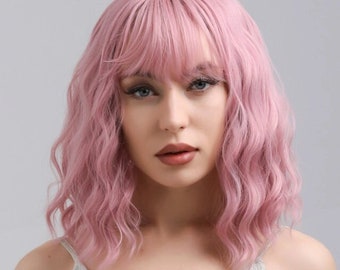 Natural Curly Pink Wig With Bangs 15.7 inches for Party, Halloween, Cosplay