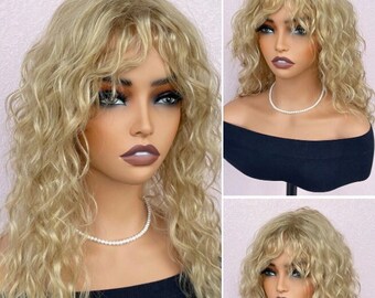 Golden Blonde Wavy Synthetic Wig with Bangs, Natural Messy Long Curly Hair