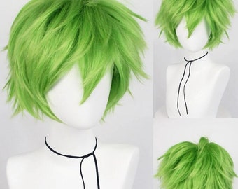 Short Straight Cosplay Synthetic Green Wig With Bangs Anime Style for Cosplay Mens Wig for Party, Halloween, Cosplay