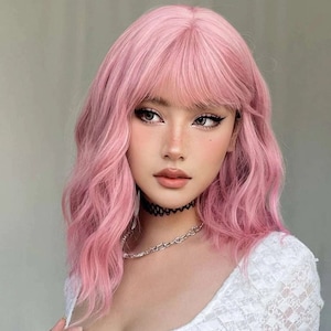 Short Wavy Body Pink Synthetic Wig with Bangs 14 Inches for Party, Halloween, Cosplay