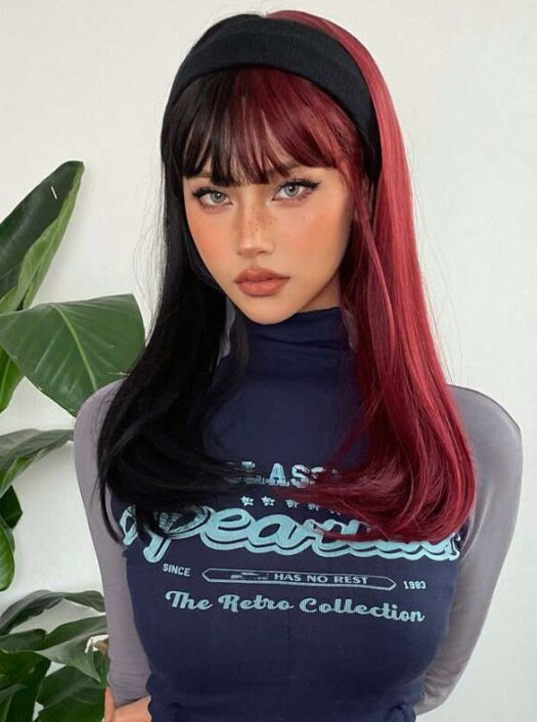 Long Half Red Half Black Wigs With Bangs Straight Halloween Etsy