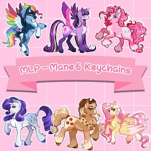 May include: Six colourful cartoon pony keychains featuring the characters from the show My Little Pony: Friendship is Magic. The text "MLP - Mane 6 Keychains" is displayed at the top of the image.
