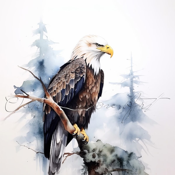 American Bald Eagle Bird Printable Wall Art for Living Room Bird Watercolor Painting Artwork for Greeting Card Instant Digital Download