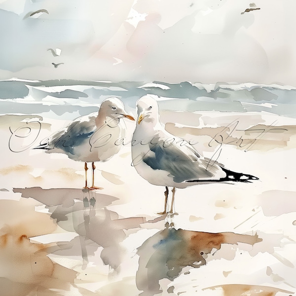 Mouettes à la plage Oiseau Art mural imprimable pour salon Oiseau Aquarelle Peinture Illustration pour carte de vœux Téléchargement numérique instantané